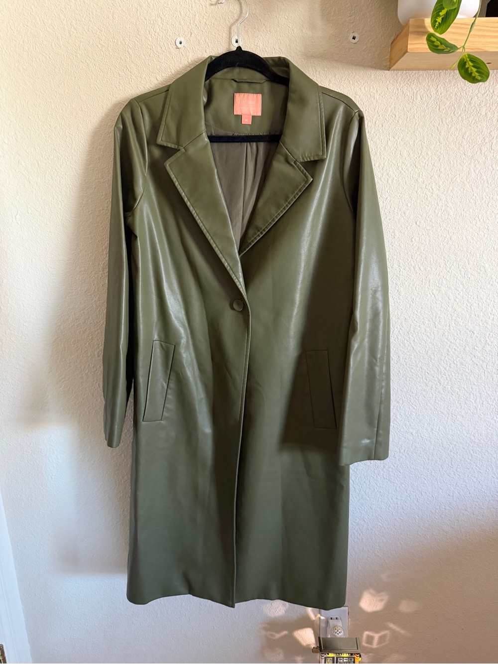 Olive Green Faux Leather Long Coat - Women Jackets & Coats